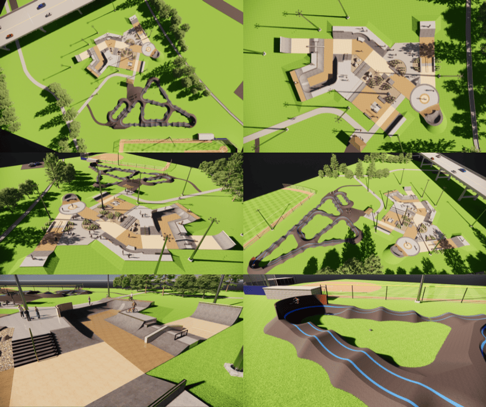 Rendering shows arial view of the new Wasena Skatepark and Pump Track