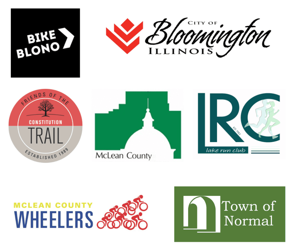 Logos for Bike BloNo, The City of Bloomington, Friends of the Constitution Trail, McLean County , McLean County Wheelers, The Lake Run Club, The Town of Normal