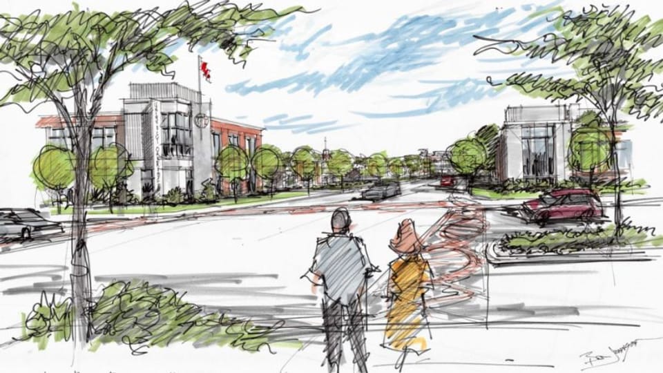 downtown oak ridge tn rendering people walking road trees