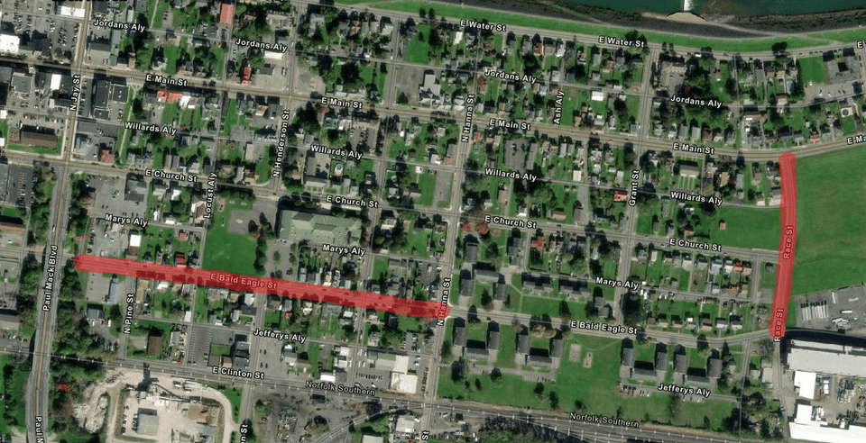 Image highlighting the project areas to be impacted during this paving project. The streets include E Bald Eagle Street from Hanna Street to the Jay Street Bridge and Race Street from E Main Street to E Bald Eagle Street.