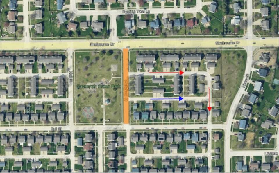 Map showing Whitefield Street closed from Shelbourne Drive to the north and Bull Street to the south. 
