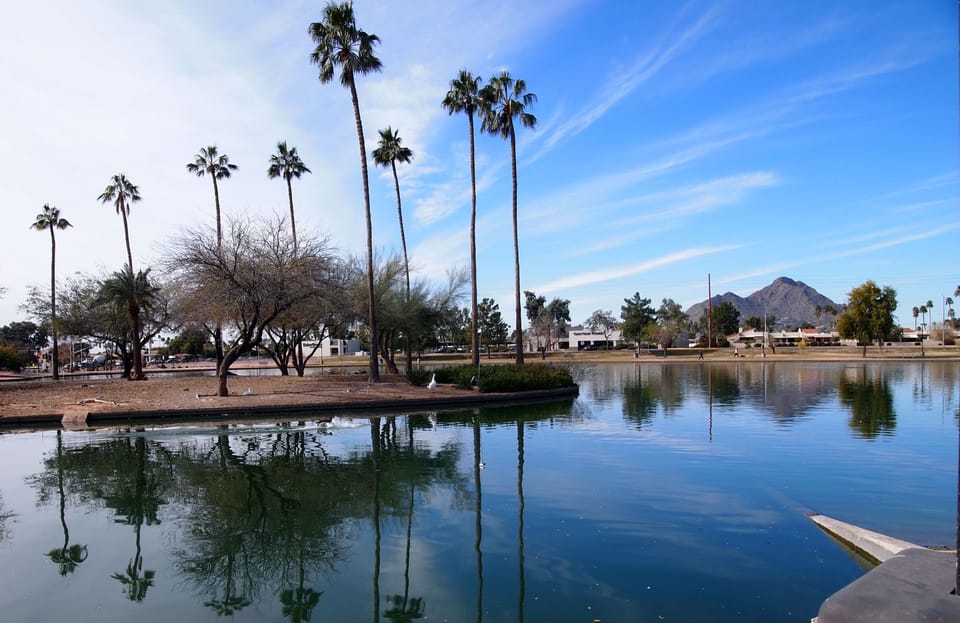 View over Chaparral Park lake and island to Camelback Mountain