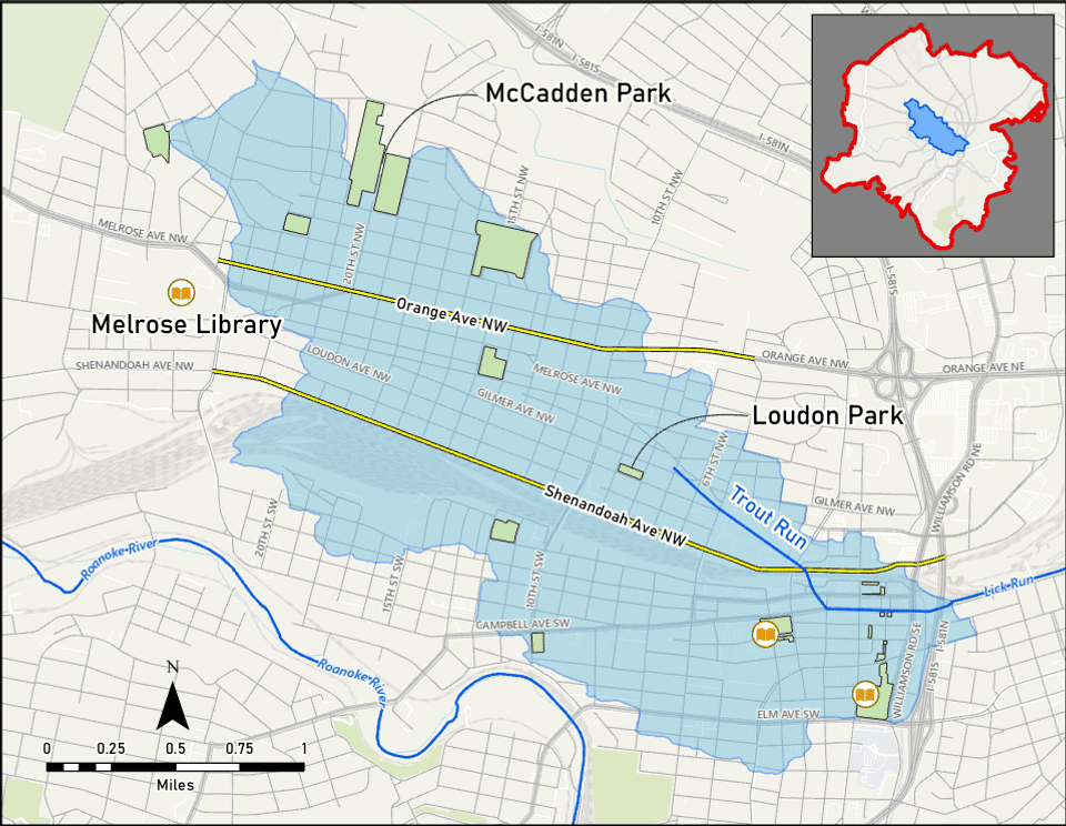 City map highlighting the Trout Run watershed in Roanoke, Virginia. The watershed boundary runs west to east between the Melrose Library and Loudon Park, roughly parallel to Orange Avenue NW and Shenandoah Avenue NW.  A small inset map shows the watershed’s location within the city limits.