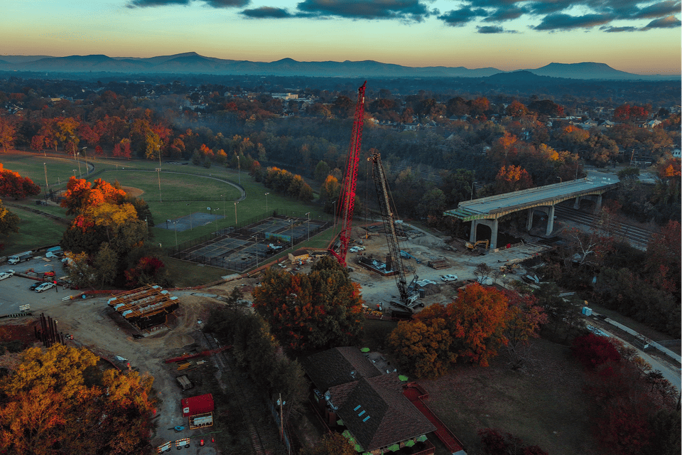 Image shows cranes and Wasena Bridge demolition