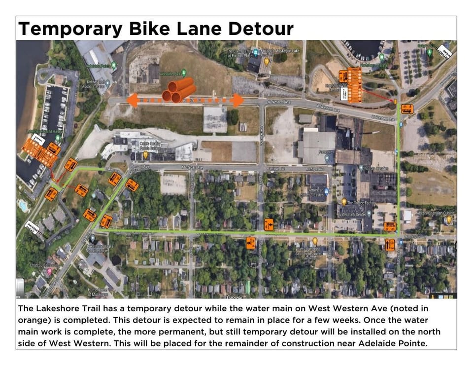 Map of detour and water main work.