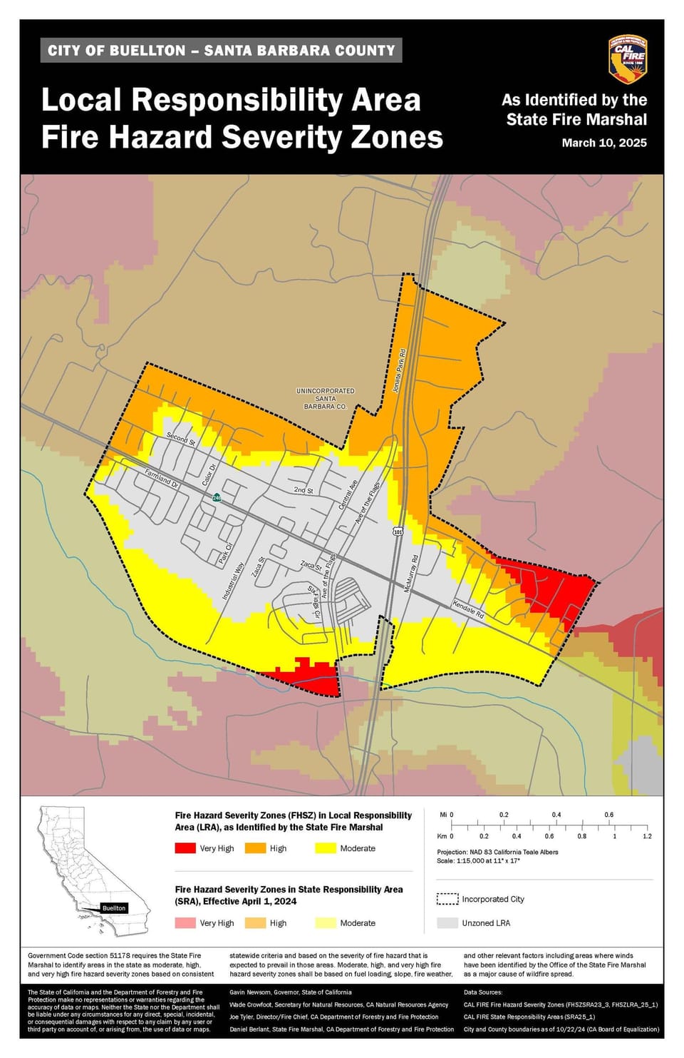 CAL FIRE fire hazard severity zone map for Buellton 2025