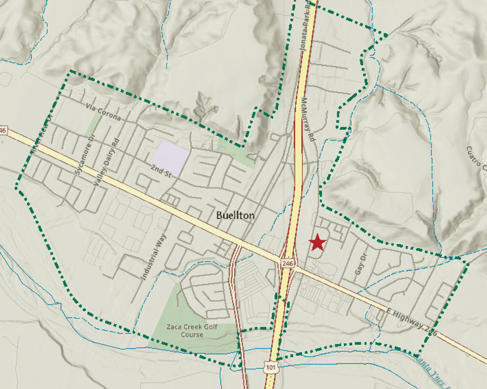Map of Buellton showing location of the Village Hotel project