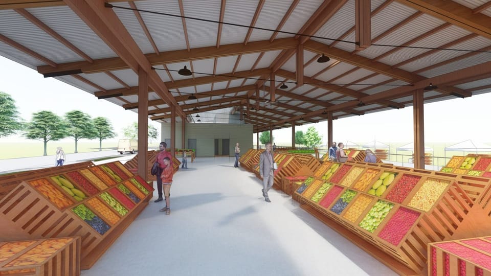 Rendering of the Ruby and Ernest McSwain Marketplace Pavilion at the Pilgrim's Sanford Agricultural Marketplace.