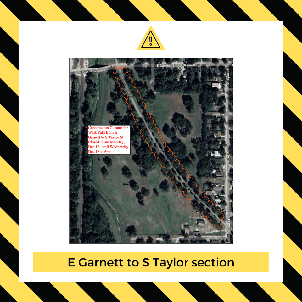 Map showing the portion of the walking trail that will be closed. 