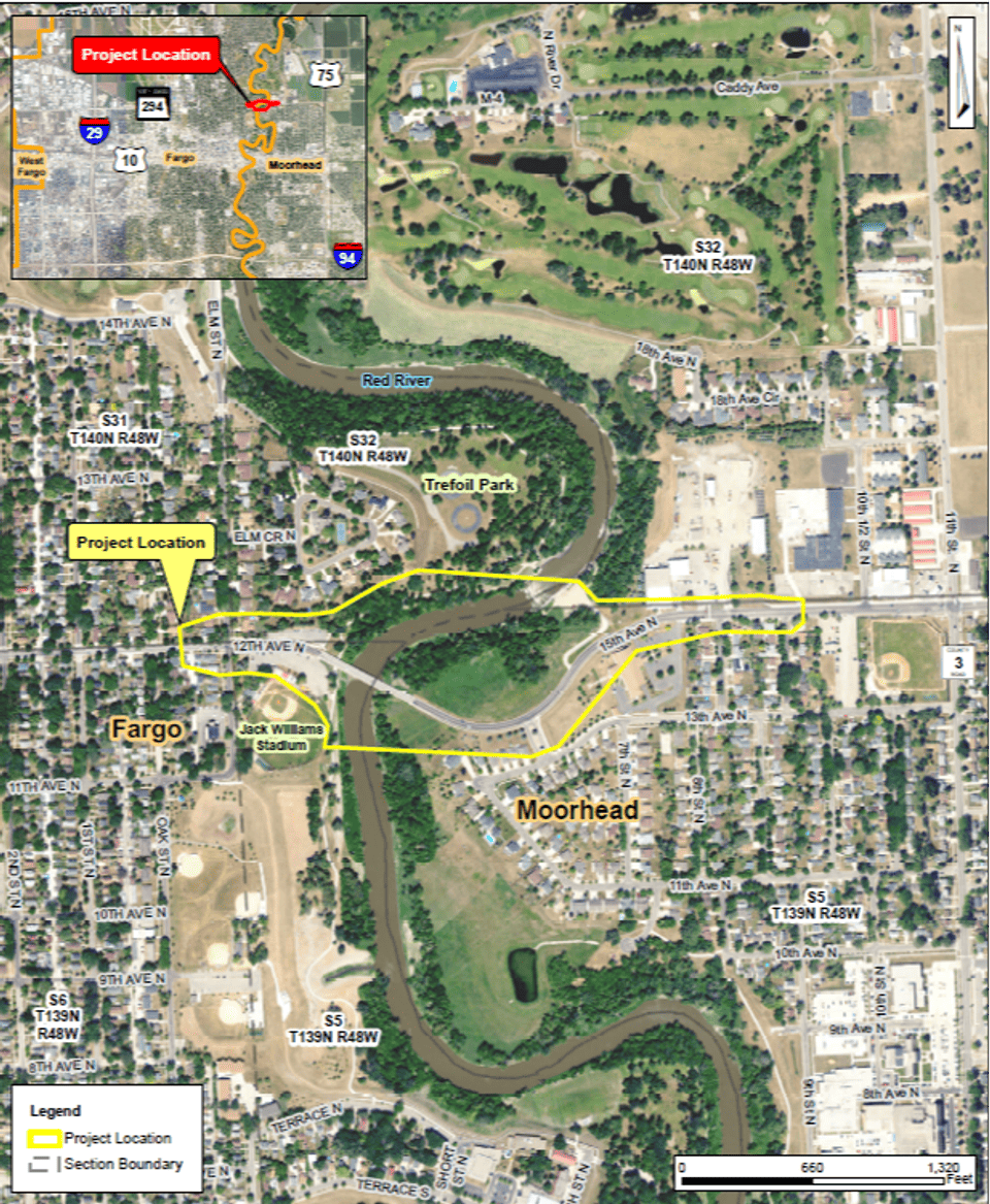 A map of the project location on 12th Ave North in Fargo and 15th Avenue North in Moorhead. 