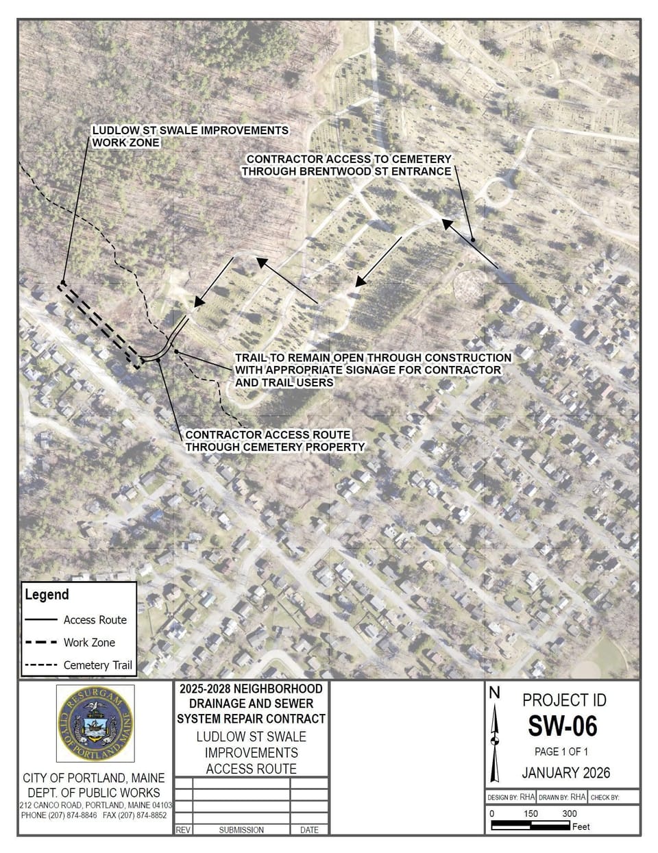 Proposed contractor access route through Evergreen Cemetery