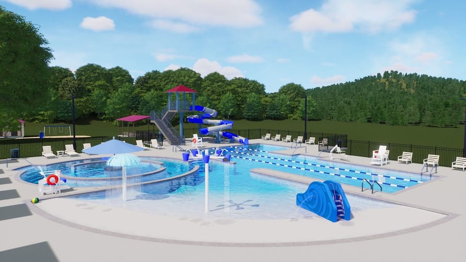 Updated pool design renderings for Washington Park Pool includes separated space for slide entry