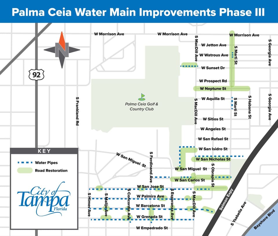 A map showing water pipeline work and road restoration work in the Palm Ceia neighborhood within the following perimeter: North of West Grenada Street, East of South Himes Avenue, South of West Morrison Avenue, and West of South Habana Street.